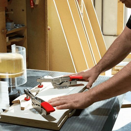 Bessey Horizontal Toggle Clamp with Open Arm and Horizontal Base Plate Showing them in Use