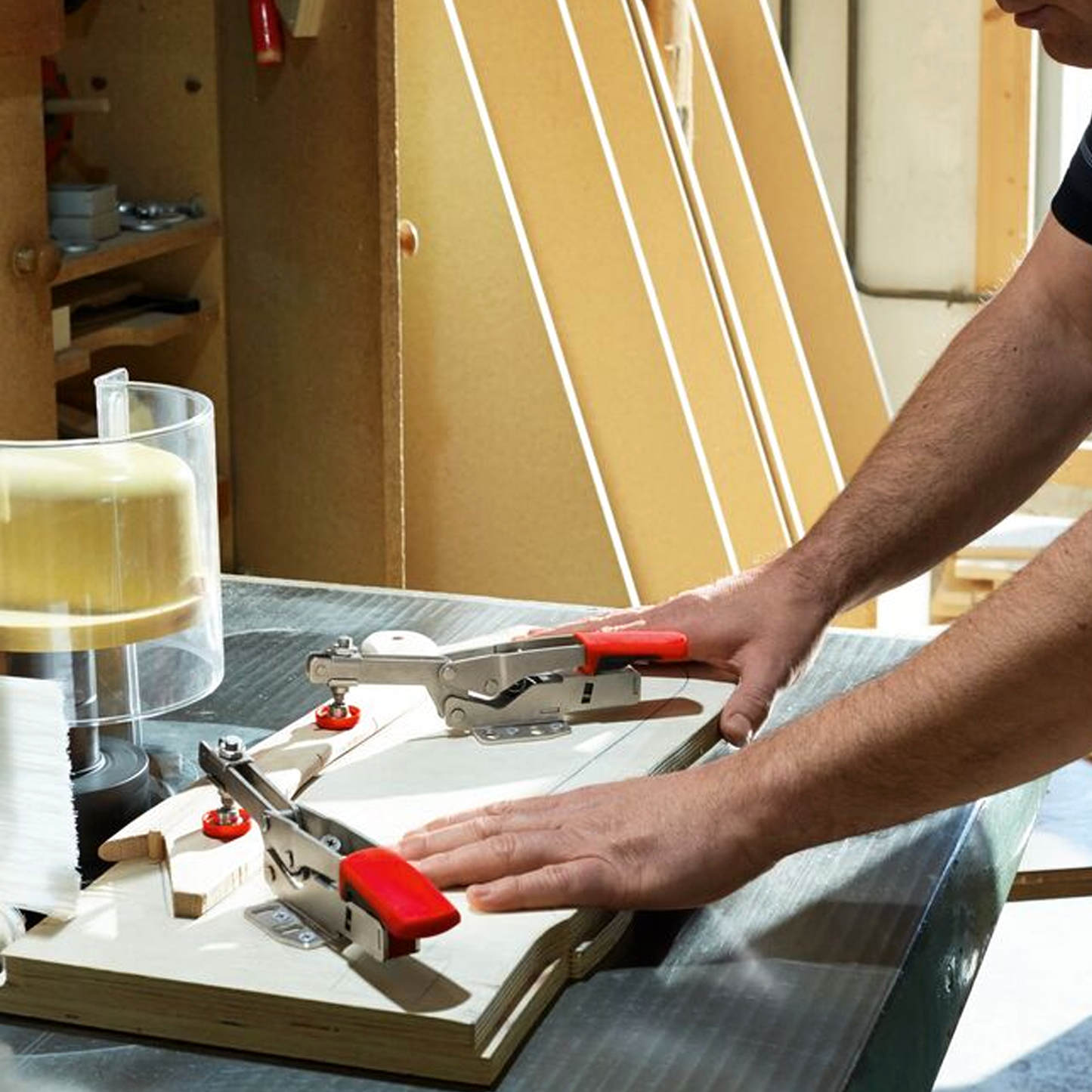 Bessey Horizontal Toggle Clamp with Open Arm and Horizontal Base Plate Showing them in Use