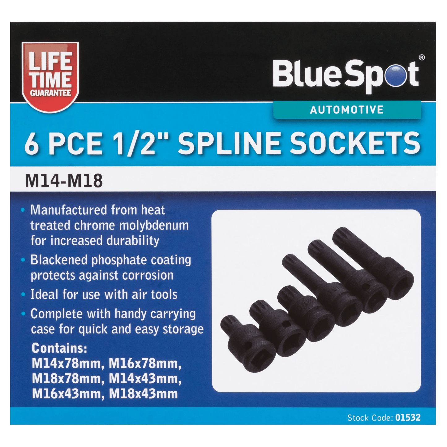 Blue Spot 1/2in Drive Spline Socket Set M14 M16 M18 - 6 Piece