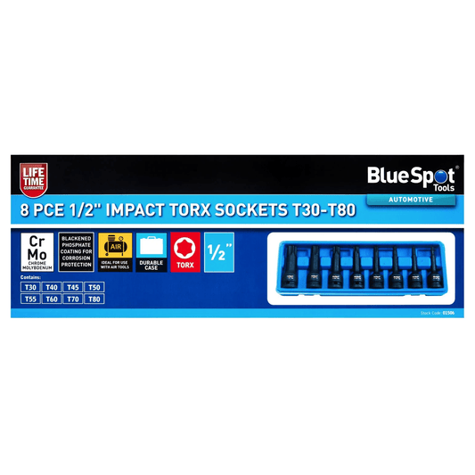 Blue Spot 1/2in Impact Torx Socket Set T30, T40, T45, T50, T55, T60, T70 and T80- 8 Piece