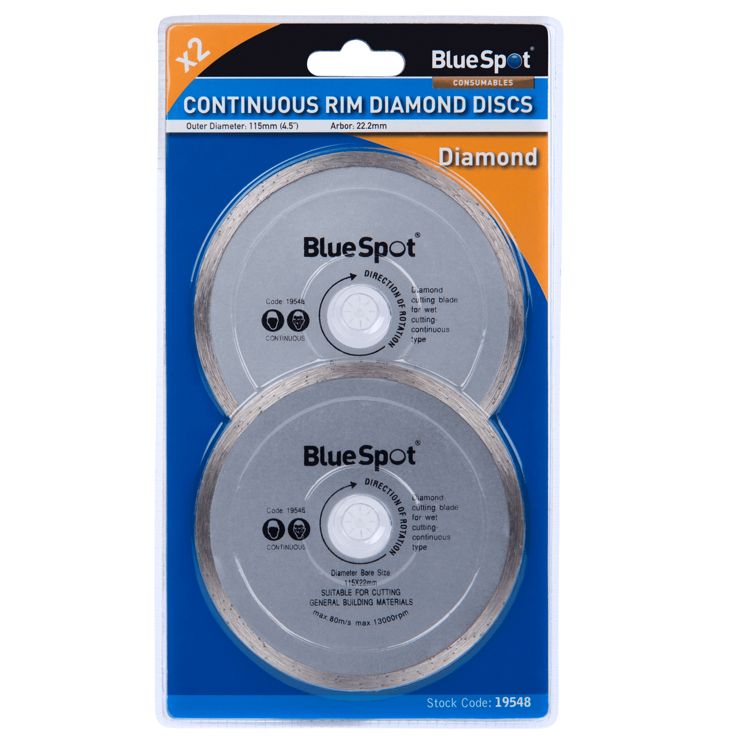 Blue Spot Continuous Rim Diamond Discs 115mm - 2 Pack - 22.2mm Bore