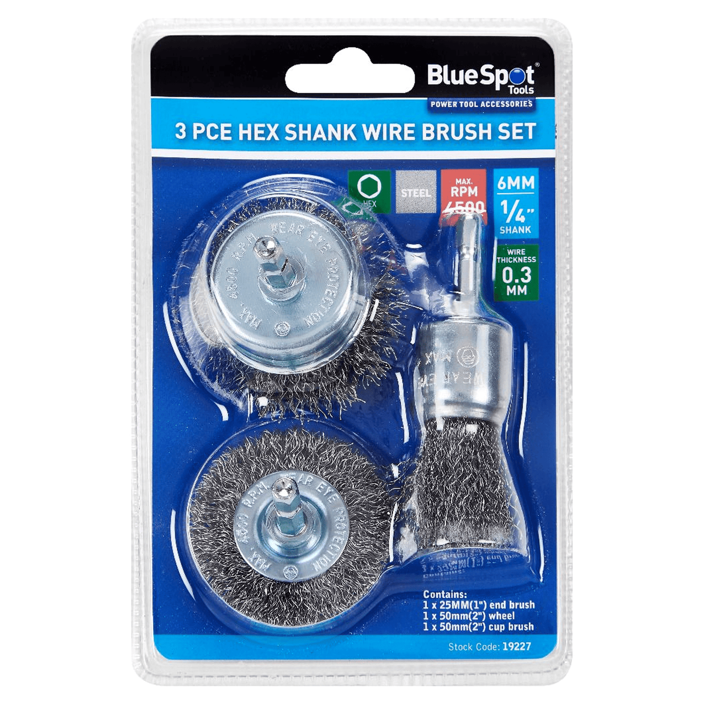 Blue Spot Hex Shank Wire End Brush Wheel and Cup Brush Set - 3 Piece for Rust Removal