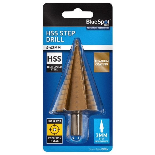 Blue Spot HSS Step Drill - 4mm x 42mm 3mm Step Increments - Titanium Coated