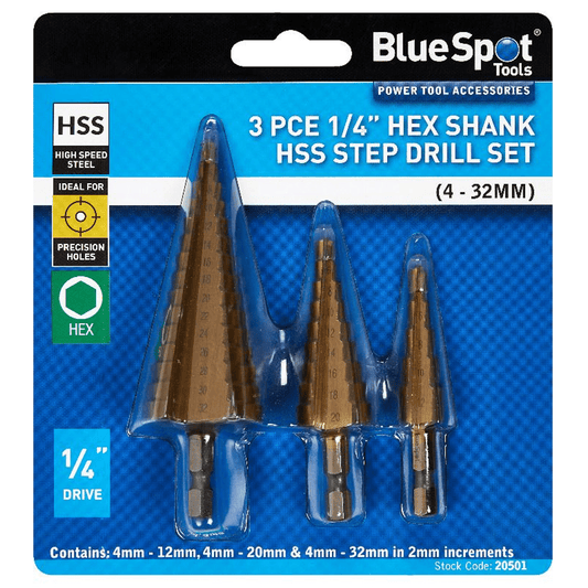 Blue Spot HSS Step Drill Set 4-12mm 4-20mm 4-32mm - 3 Piece - 2mm Increments