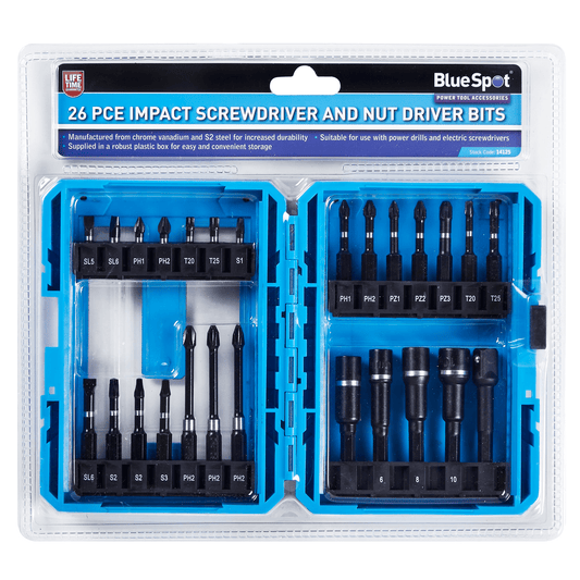 Blue Spot Impact Screwdriver and Nut Driver Bits Set - 26 Piece in Storage Case