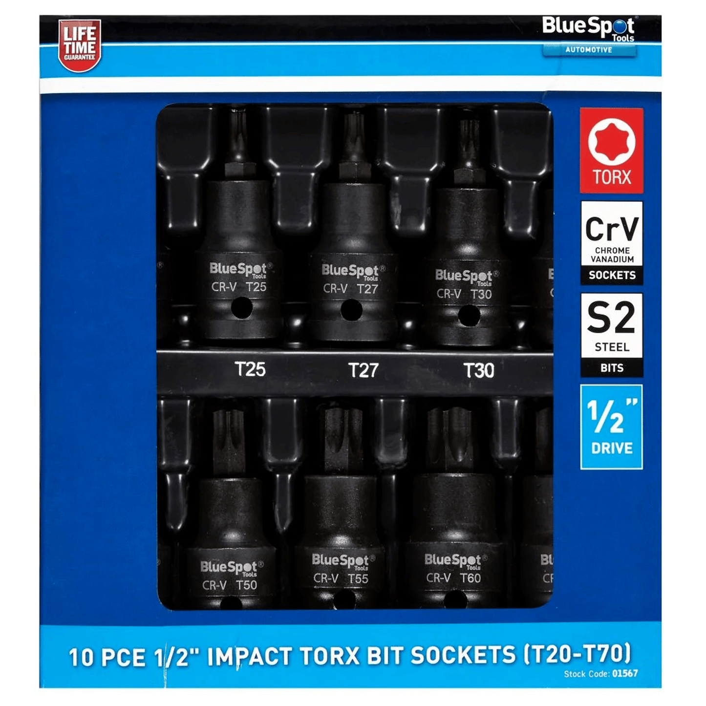 Blue Spot Set of 10 Impact Torx Bit Sockets 1/2 Drive - T20-T70