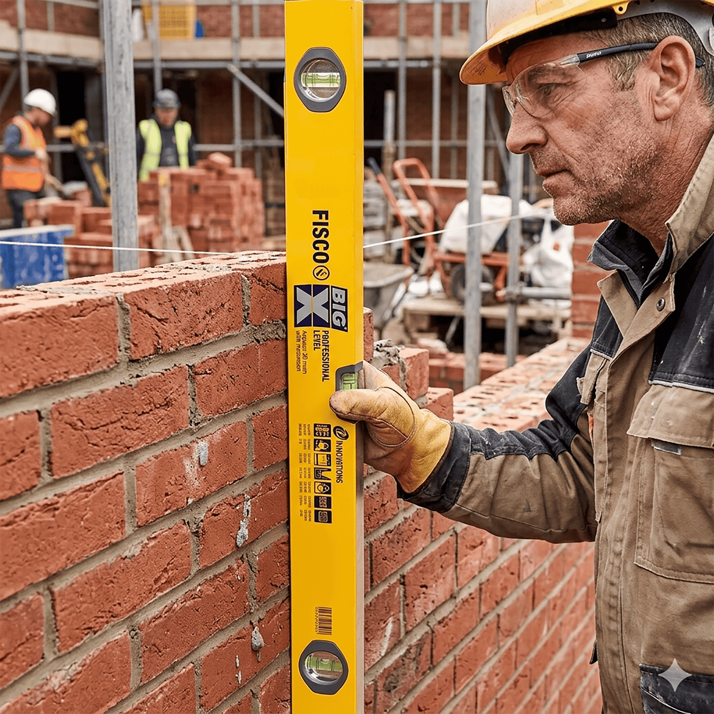 Fisco Big X Spirit Level 1000mm being used to plumb a brick wall