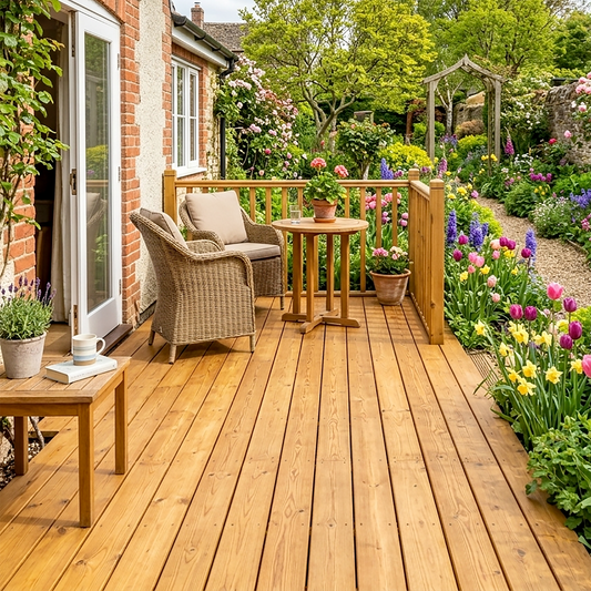 Garden Decking After Being Cleaned with Ronseal Decking Cleaner and Protected with Blackfriar Deck Coating