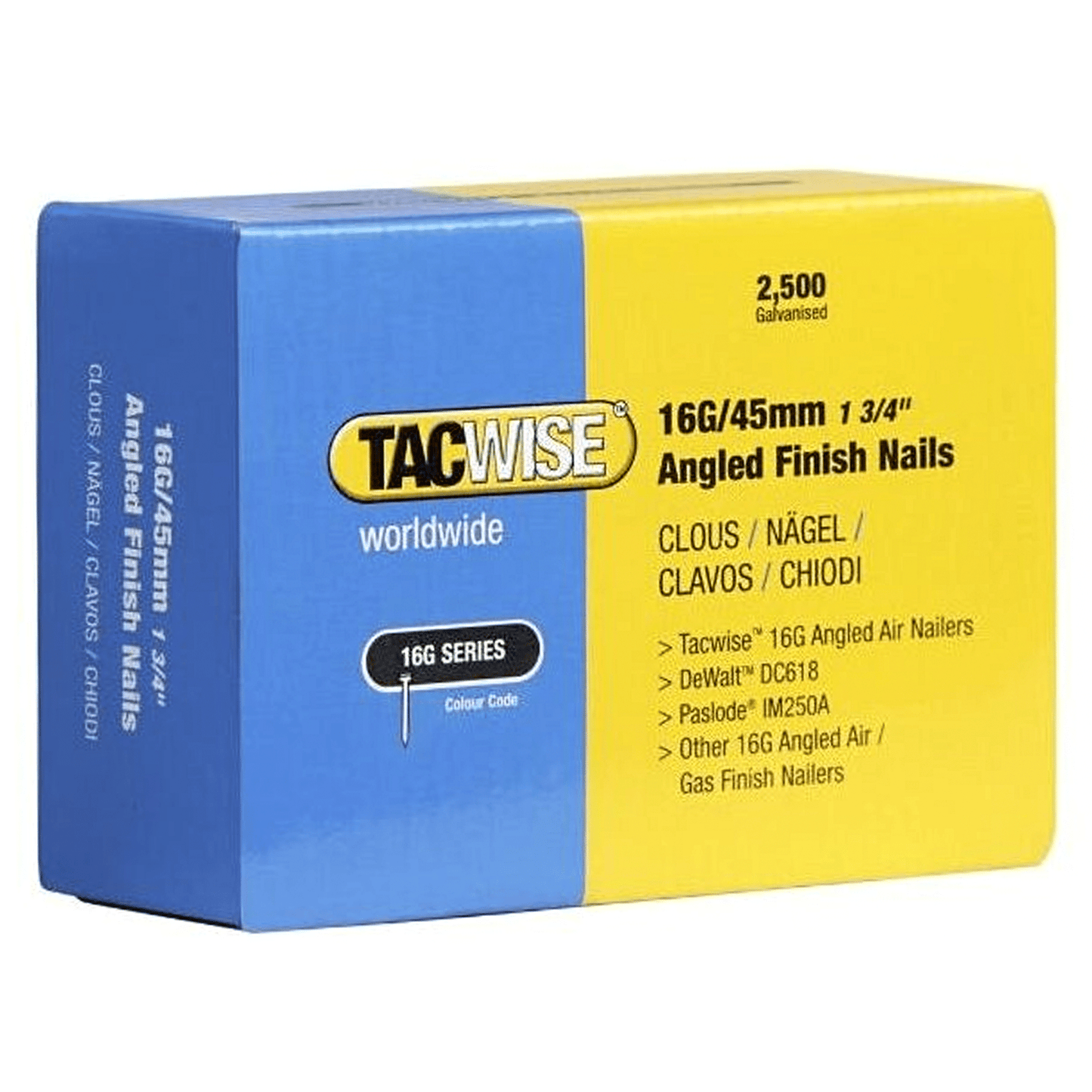 Tacwise Collated Angled Finishing Nails 16 Gauge 45mm - 2500 Pack Galvanised Finish