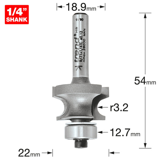 Trend Bearing Guided Corner Bead 3.2mm Radius Router Cutter 9/71X1/4TC Size