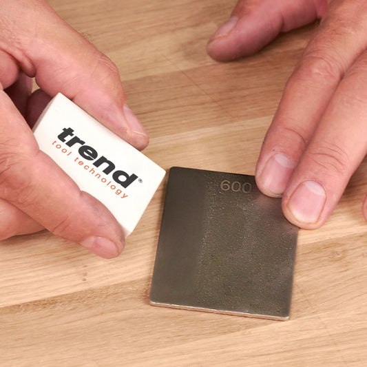 Trend Diamond Stone Cleaning Block 42mm x 27mm DWS/CB/A Being Used to Clean a Diamond Sharpening Stone