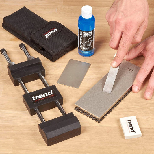 Trend Double Sided Diamond Whetstone Kit DWS/KIT/A Being Used to Sharpen a Chisel
