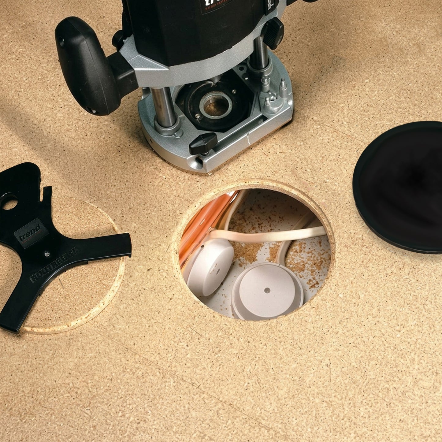 Trend Mini Routabout Underfloor Access Hole Cutter 108mm Diameter M/RBT/2 After Routing the Hole