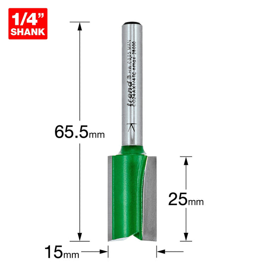Trend Two Flute Straight Router Cutter 15mm Diameter C024AX1/4TC Size
