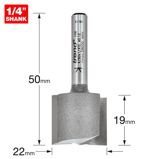 Trend Two Flute Straight Router Cutter 22mm Diameter Shank 1/4in 4/60X1/4TC Size