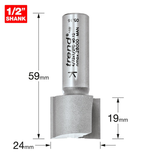 Trend Two Flute Straight Router Cutter 24mm Diameter Shank 1/2in 4/72X1/2TC Size