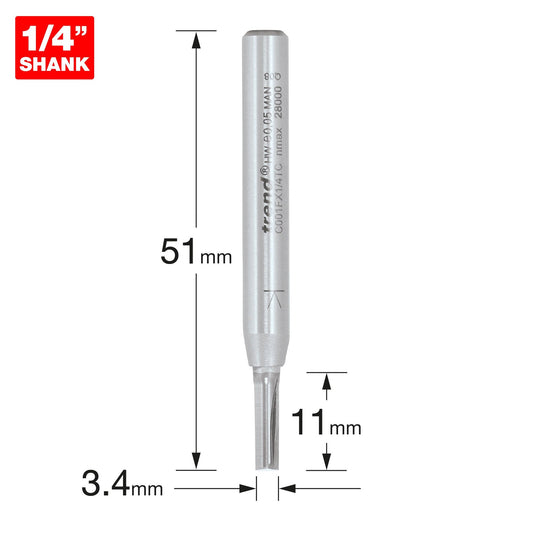 Trend Two Flute Straight Router Cutter 3.4mm Diameter C001FX1/4TC Size