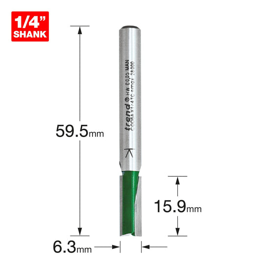 Trend Two Flute Straight Router Cutter 6.3mm Diameter C006AX1/4TC Size