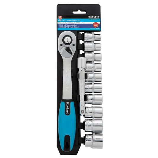 12 Piece Blue Spot 1/2in Drive Metric Ratchet and Socket Set - 10-24mm