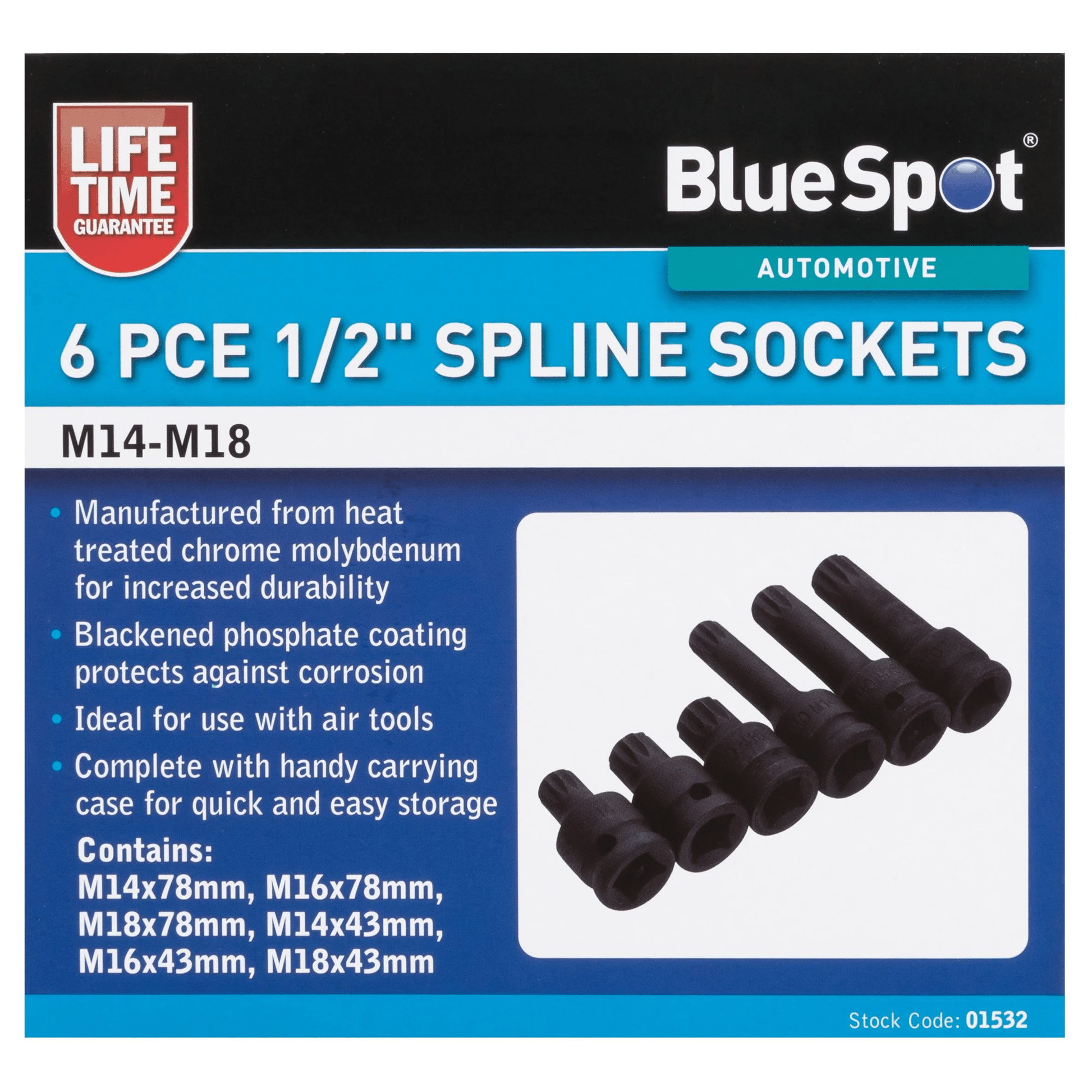 Blue Spot 1/2in Drive Spline Socket Set M14 M16 M18 - 6 Piece