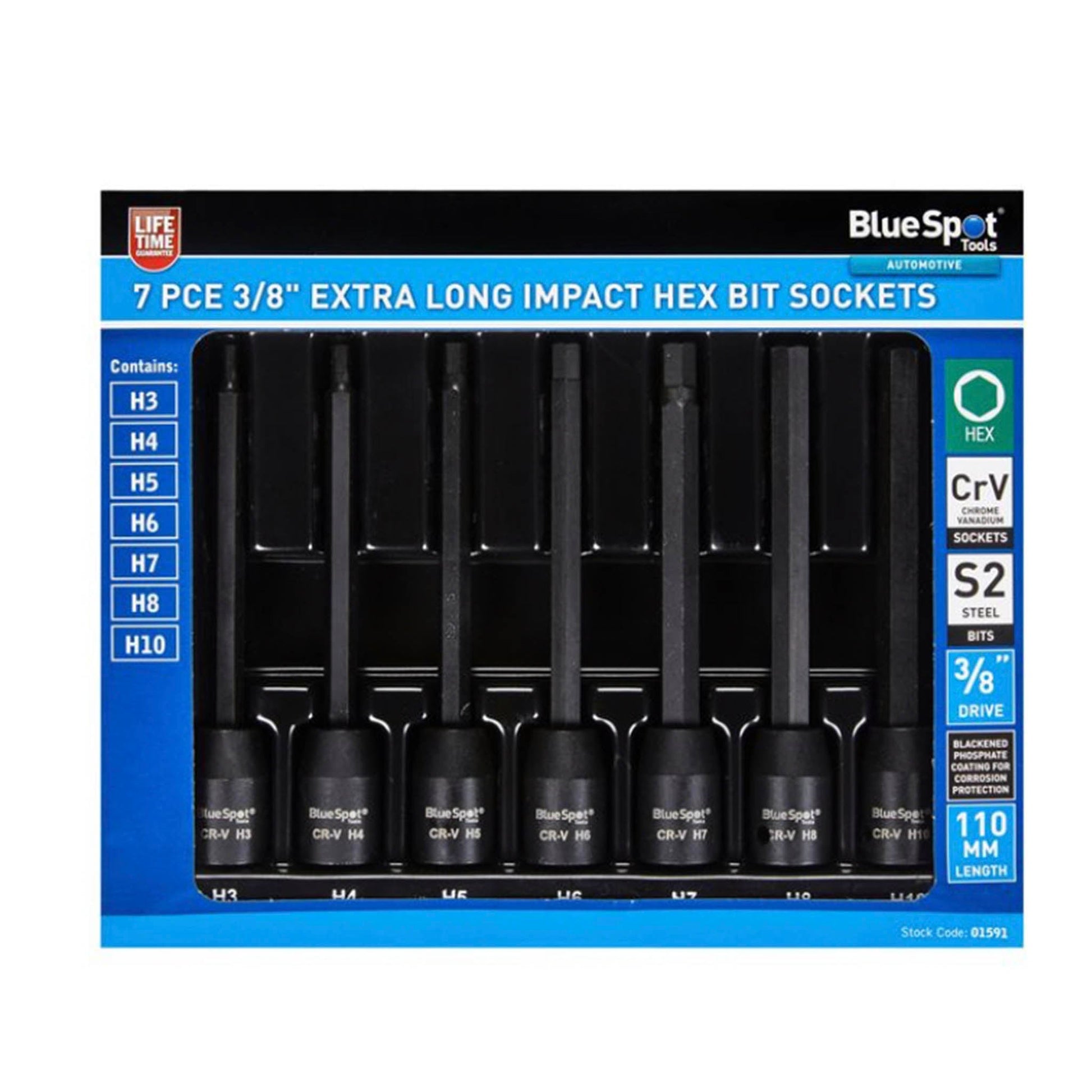 Blue Spot 3/8in Drive Impact Hex Bit Socket Set H3 - H10 - 7 Piece.