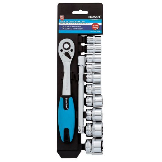 Blue Spot 3/8in Drive Metric Ratchet & Socket Set 12 Piece 10-24mm Includes Extension Bar