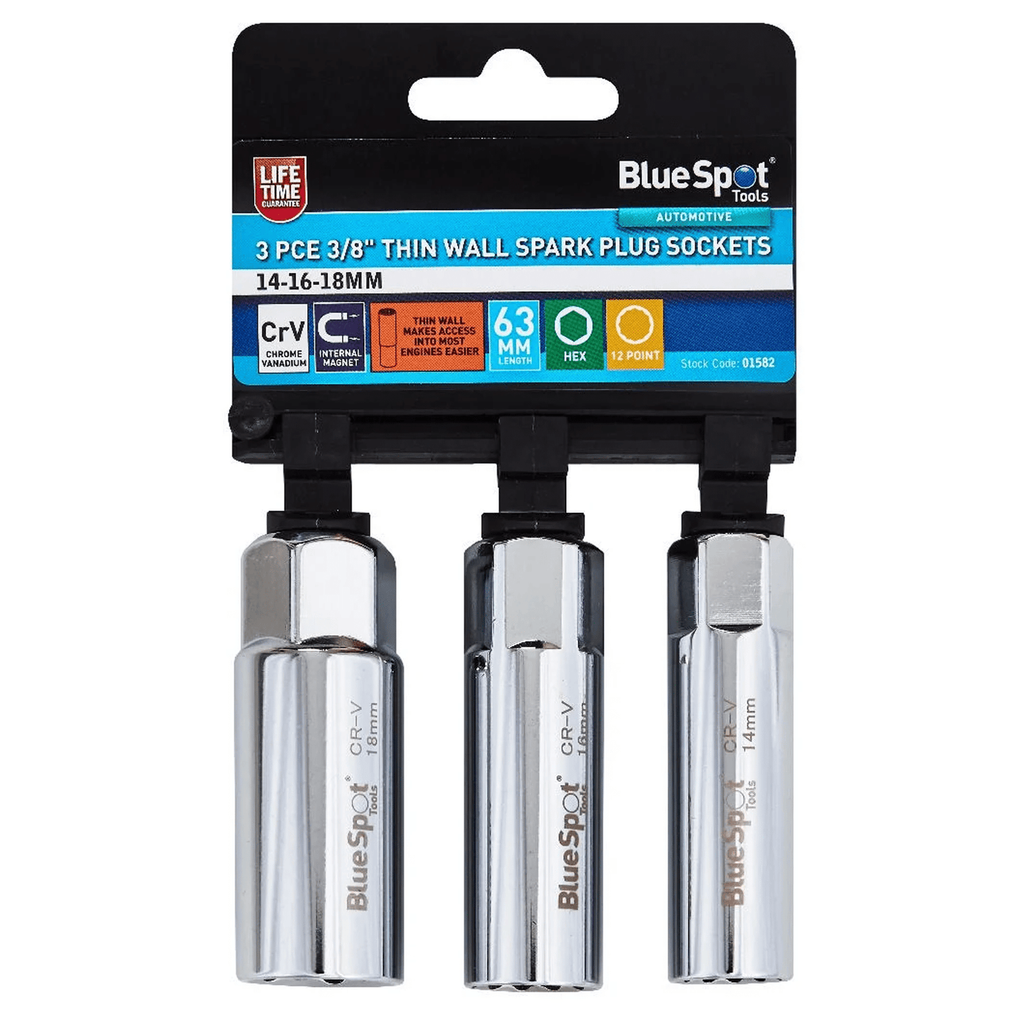 Blue Spot 3/8in Thin Wall Spark Plug Socket Set - 3 Pieces 14mm 16mm 18mm