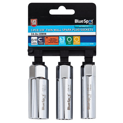 Blue Spot 3/8in Thin Wall Spark Plug Socket Set - 3 Pieces 14mm 16mm 18mm