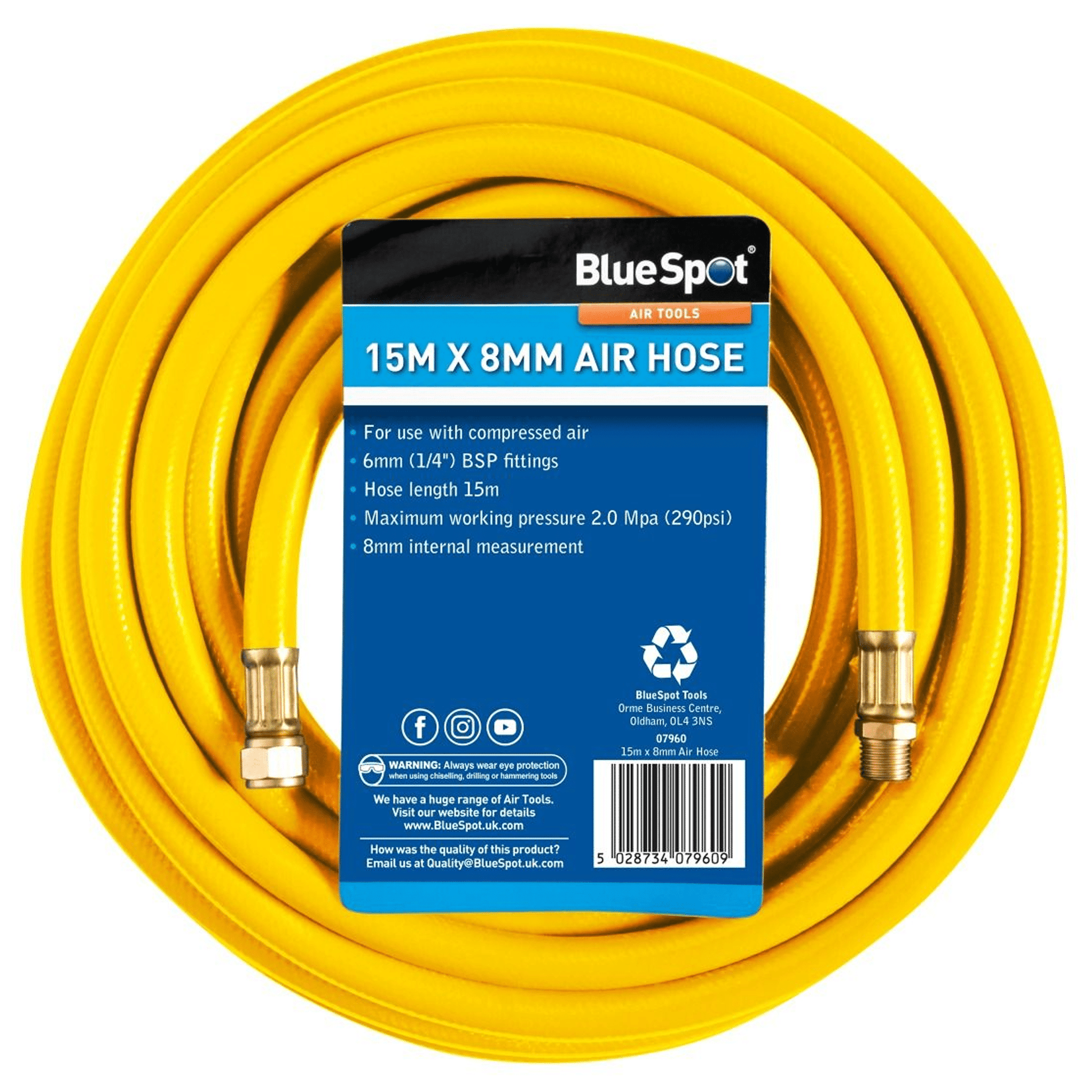Blue Spot Flexible Reinforced Rubber Air Hose 8mm x 15 Metre 290psi