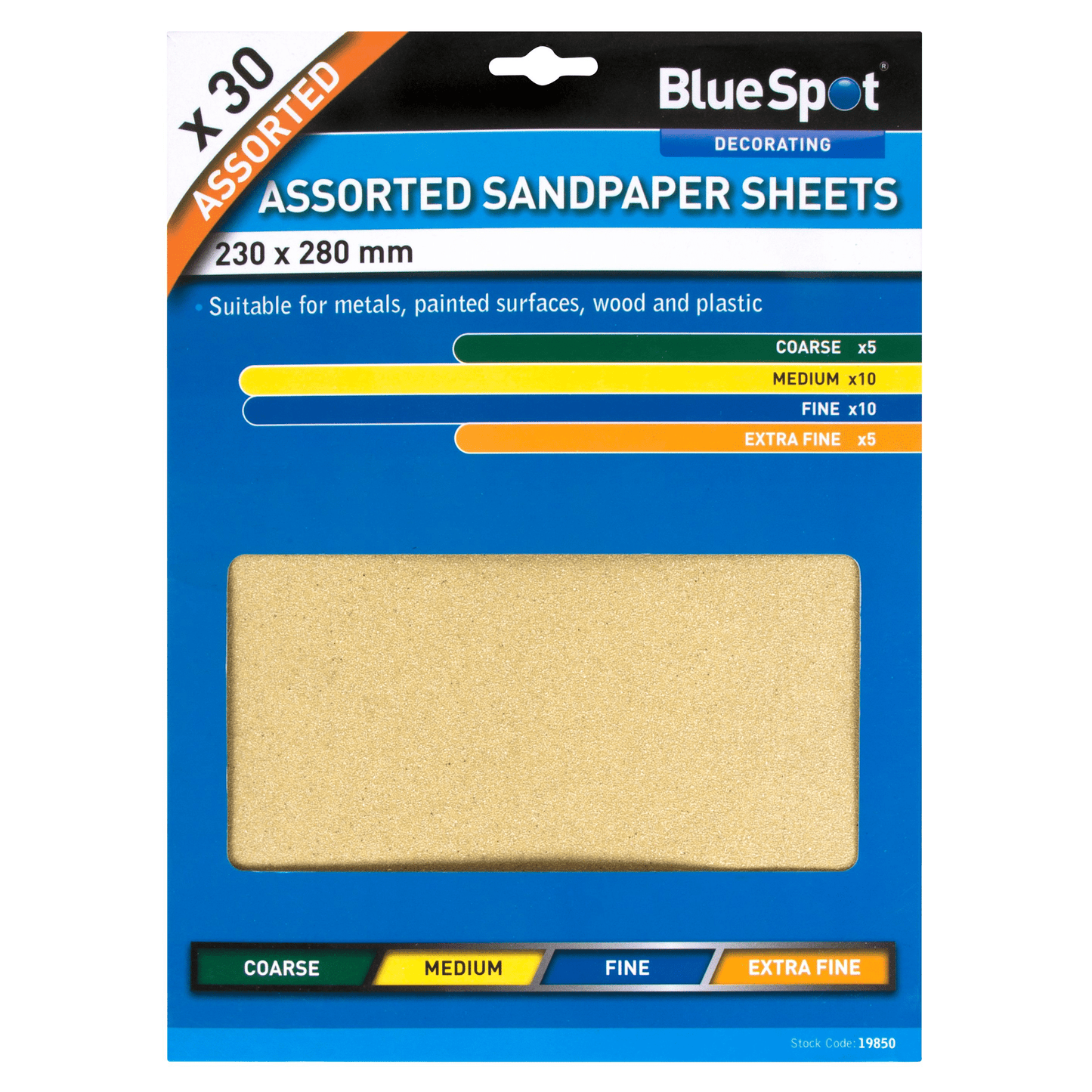 Blue Spot Assorted Sandpaper Sheets - 30 Pack 230mm x 280mm 60 100 120 240 Grit
