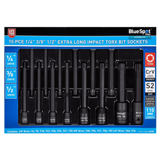 Blue Spot Extra Long Impact Torx Driver Bit Sockets - 15 Piece Storage Tray