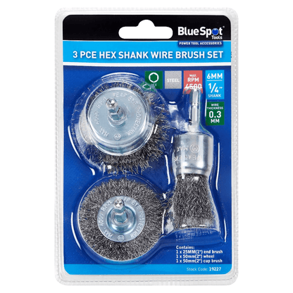 Blue Spot Hex Shank Wire End Brush Wheel and Cup Brush Set - 3 Piece for Rust Removal