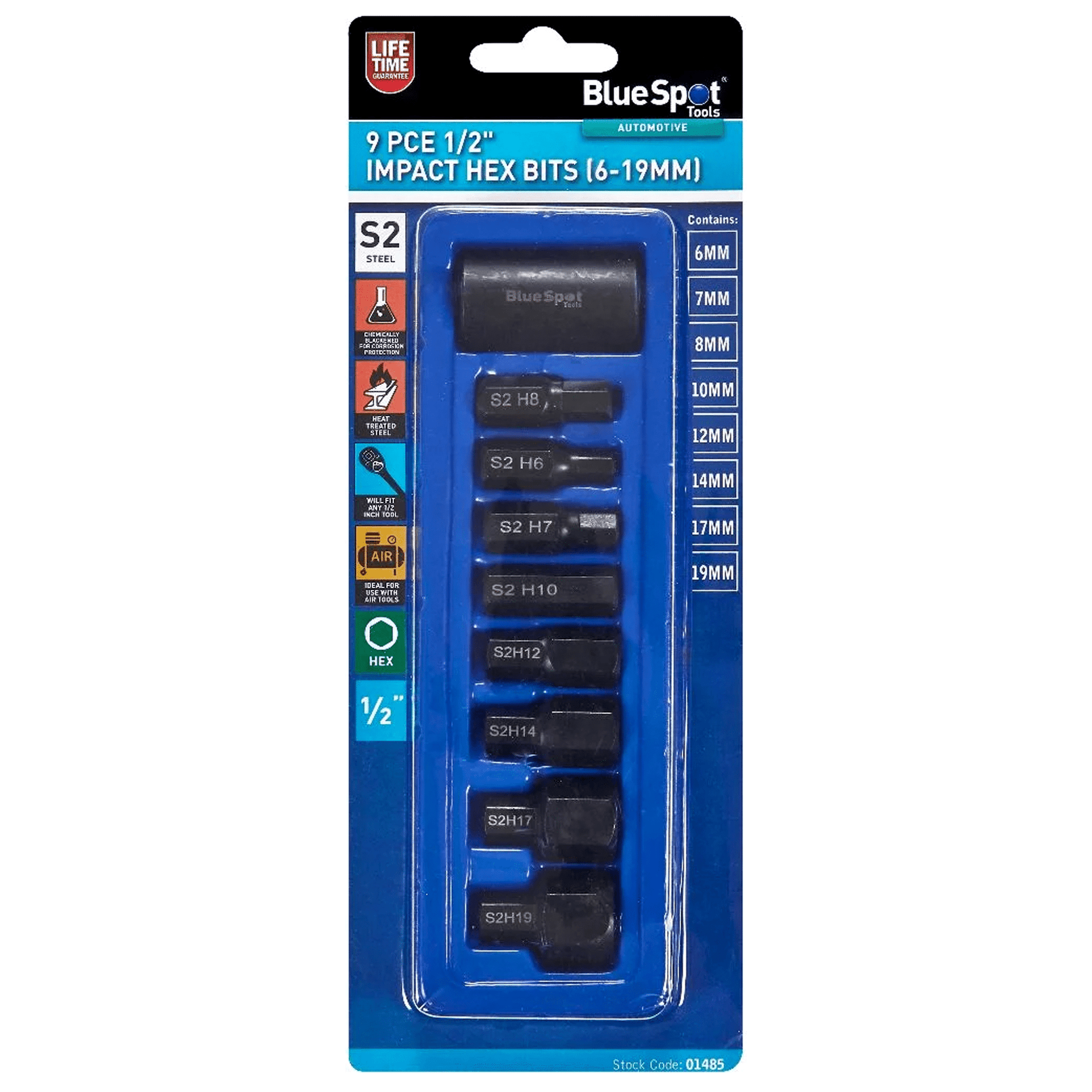 Blue Spot Impact Hex Bits 1/2in Drive 9 Piece Set - 6mm 7mm 8mm 10mm 12mm 14mm 17mm and 19mm