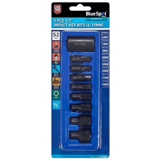 Blue Spot Impact Hex Bits 1/2in Drive 9 Piece Set - 6mm 7mm 8mm 10mm 12mm 14mm 17mm and 19mm