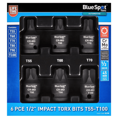 Blue Spot Impact Torx Bit 6 Piece Set 1/2in Drive T55 T60 T70 T80 T90 T100