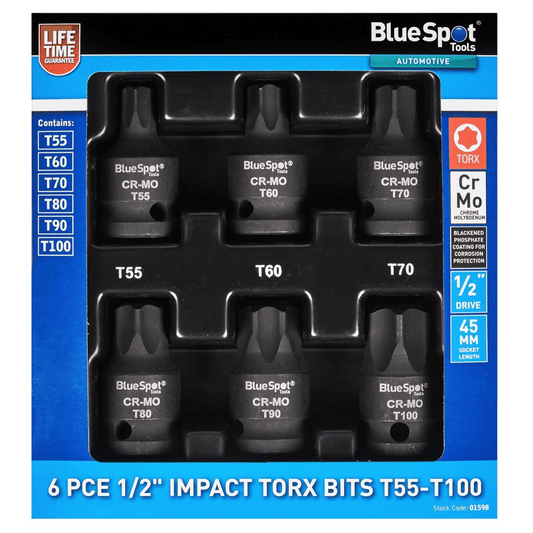 Blue Spot Impact Torx Bit 6 Piece Set 1/2in Drive T55 T60 T70 T80 T90 T100