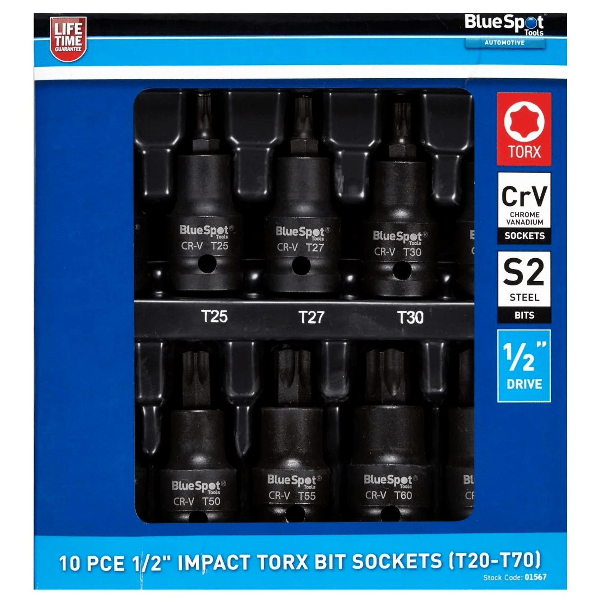 Blue Spot Set of 10 Impact Torx Bit Sockets 1/2 Drive - T20-T70