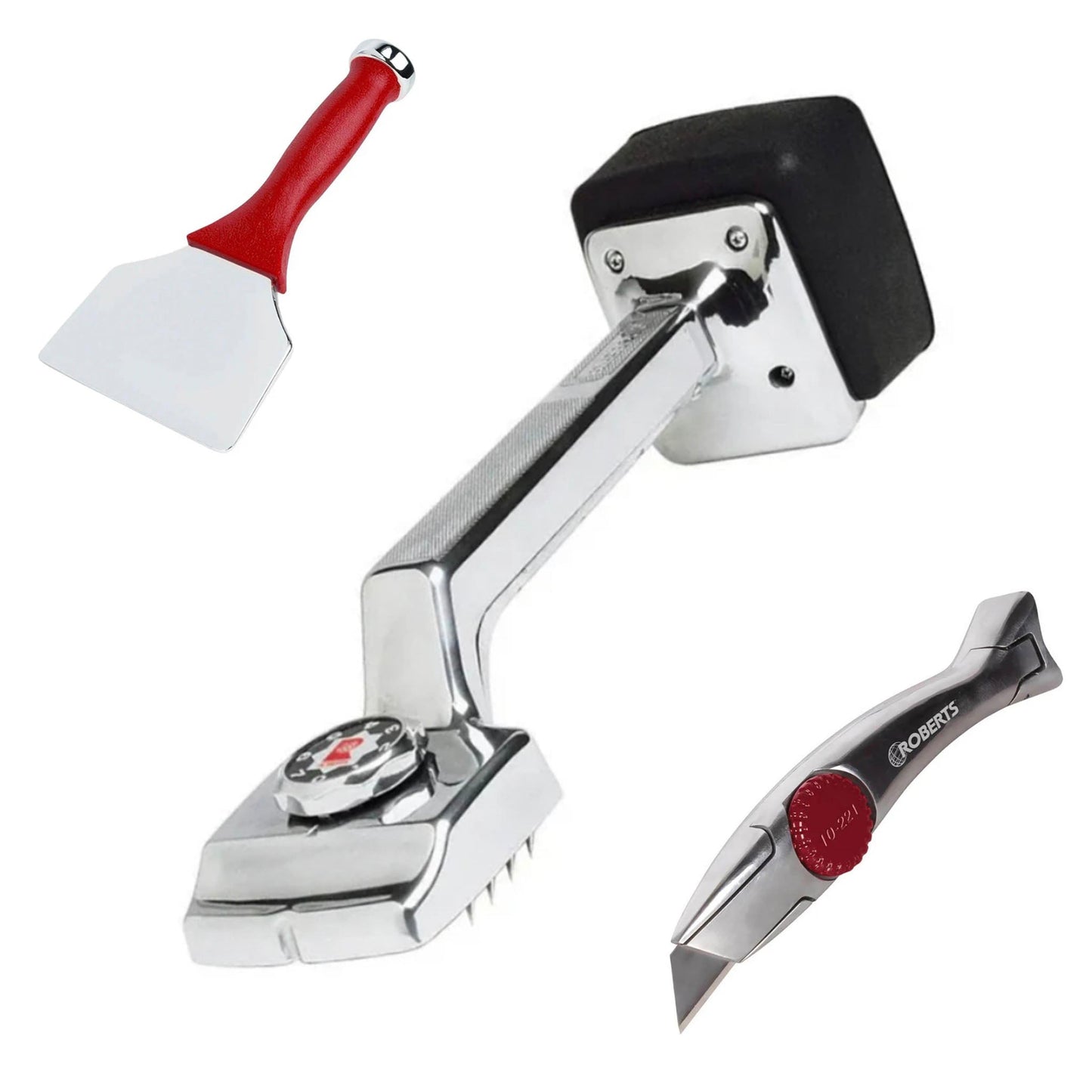 Roberts Deluxe Adjustable Chrome Knee Kicker, Stair Tool & Pro Utility Knife Carpet Fitter Set - Transtools Online