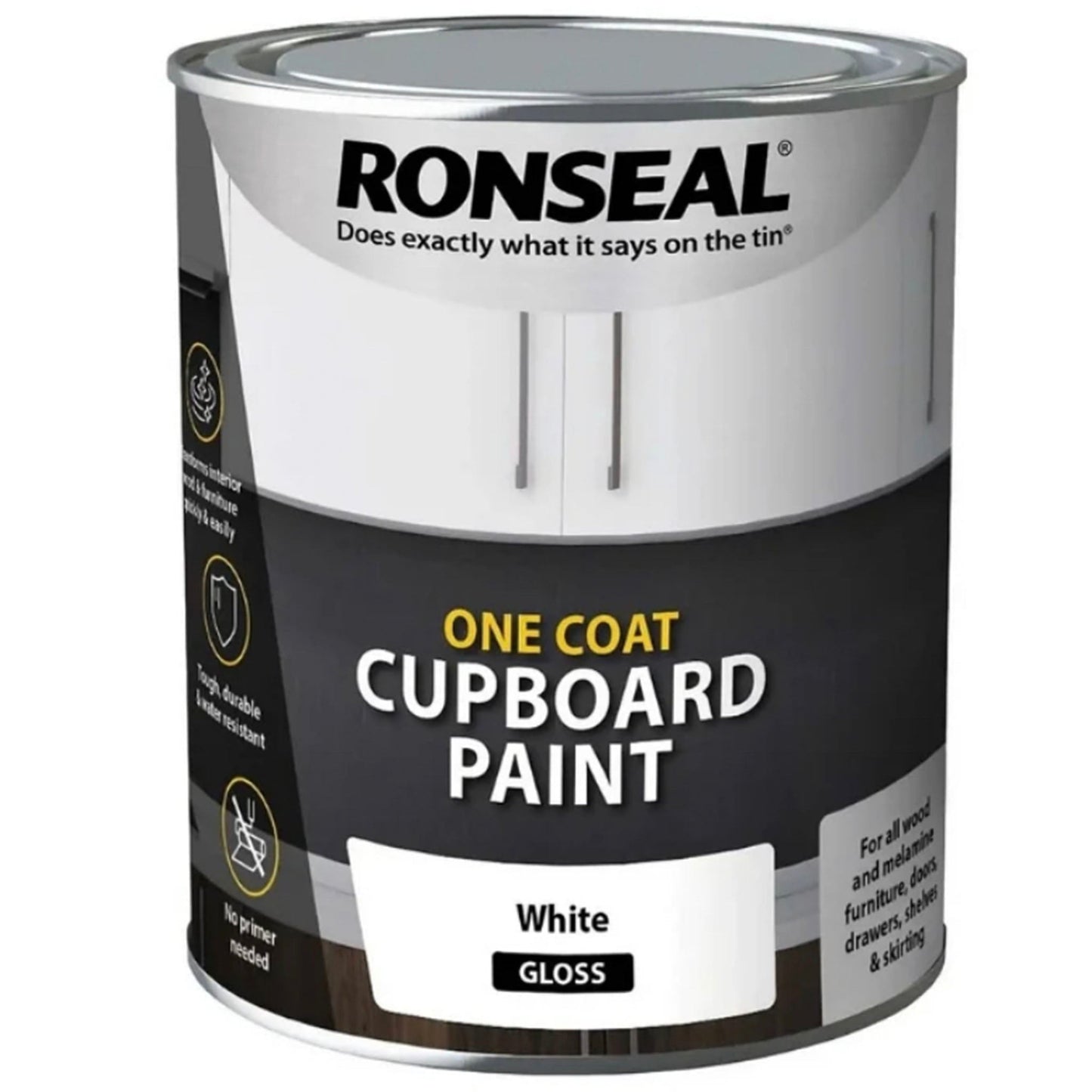 Ronseal One Coat Cupboard Paint White Gloss Finish - 750ml
