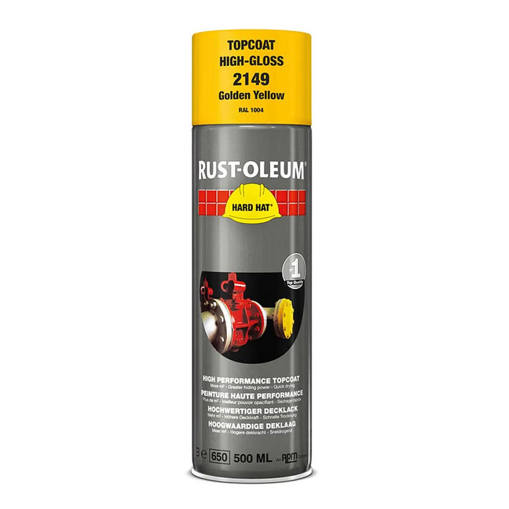 Rust - Oleum Hard Hat Top Coat Spray Golden Yellow RAL1004 - 500ml - Transtools Online
