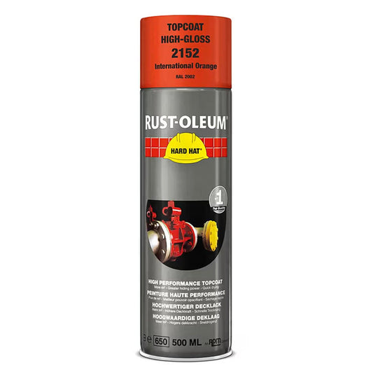 Rust - Oleum Hard Hat Top Coat Spray International Orange RAL2002 - 500ml - Transtools Online