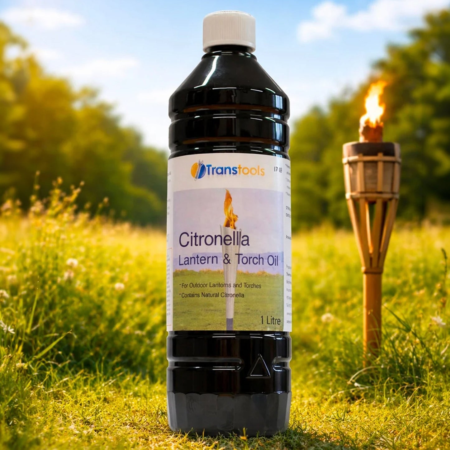 Transtools Citronella Outdoor Lamp and Torch Oil 1 Litre used outdoors with torch lamp