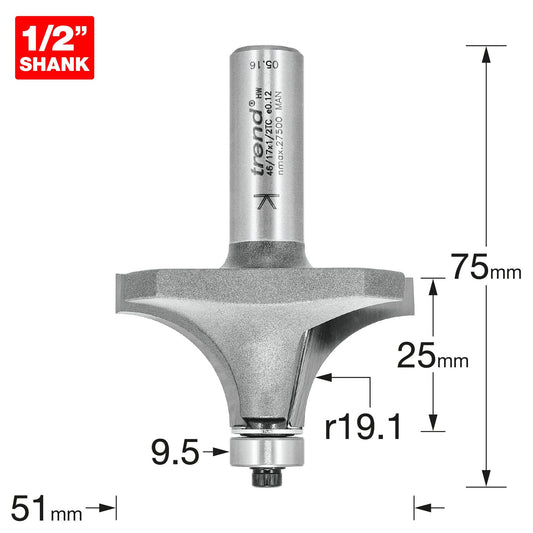 Trend Bearing Guided Ovolo 19mm Radius Router Cutter 46/17X1/2TC Size