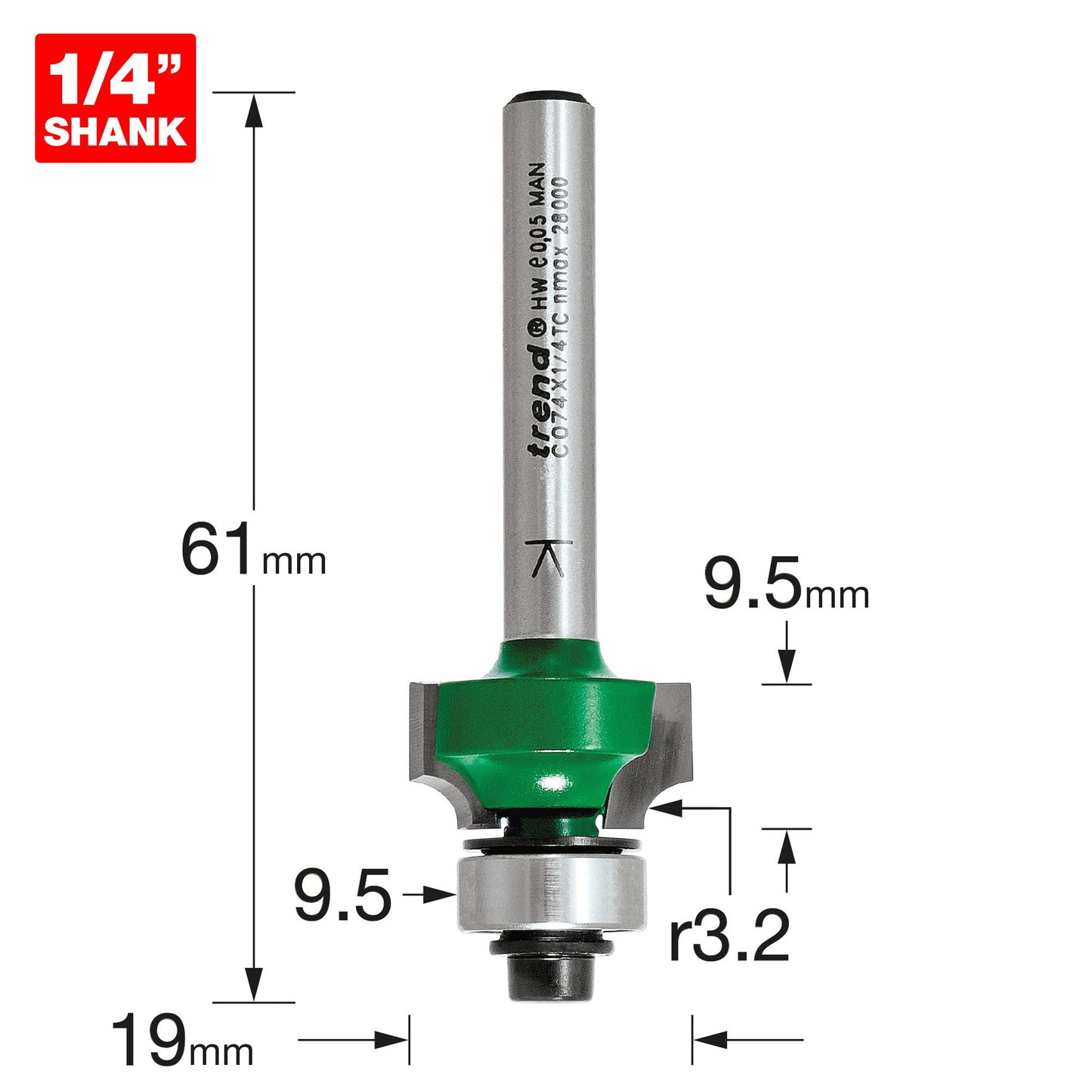 Trend Rounding Over Bearing Guided Router Cutter 3.2mm x 9.5mm Cut C074X1/4TC Size