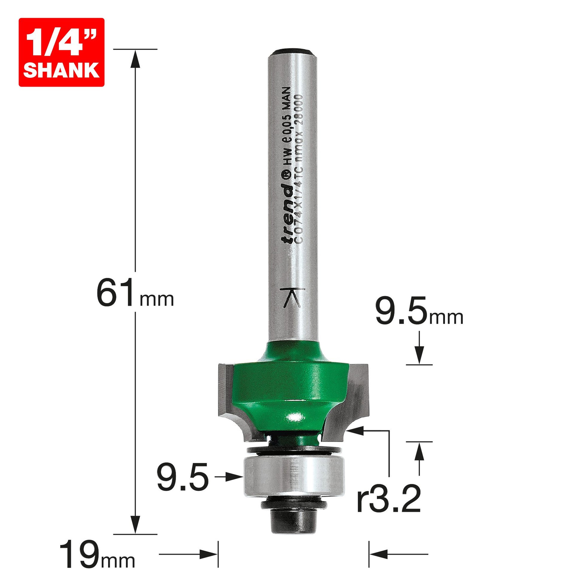 Trend Rounding Over Bearing Guided Router Cutter 3.2mm x 9.5mm Cut C074X1/4TC Size