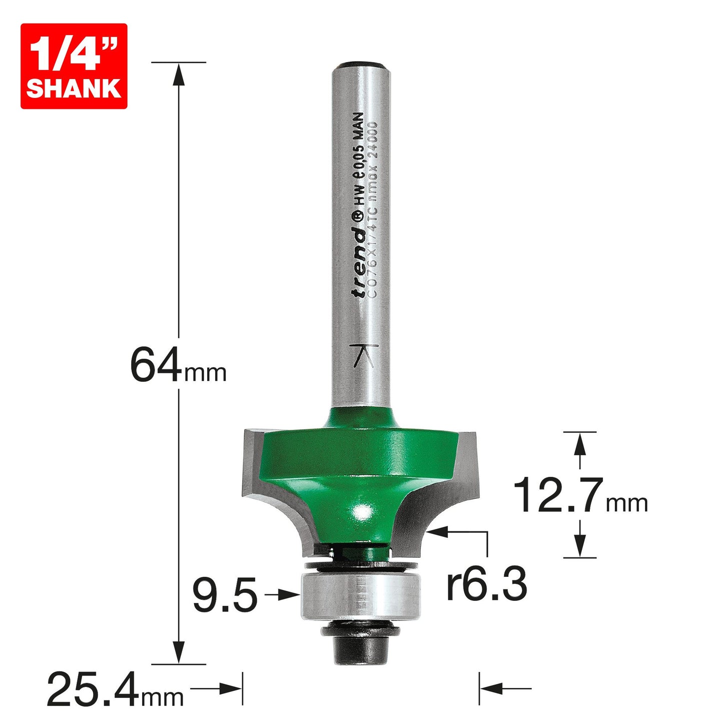 Trend Rounding Over Bearing Guided Router Cutter 3.2mm x 9.5mm Cut C076X1/4TC Size