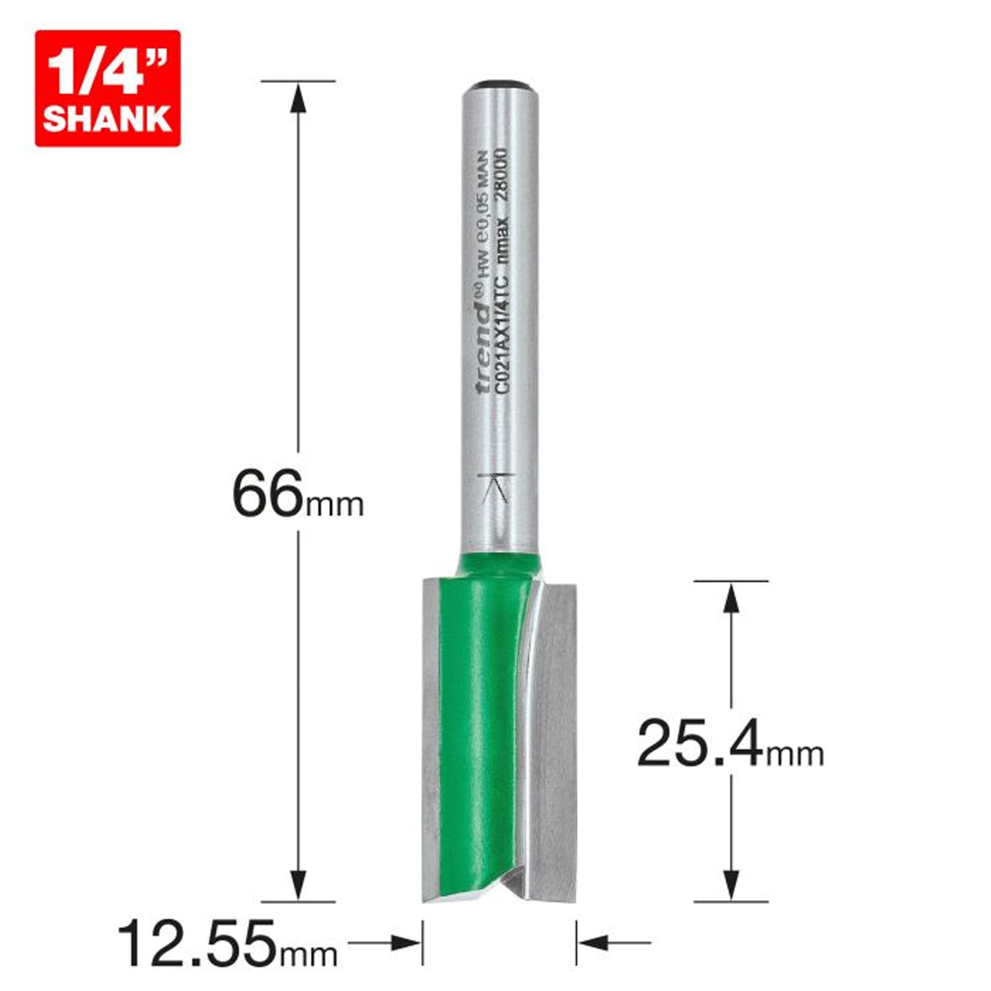 Trend Two Flute Straight Router Cutter 12.55mm diameter C021AX1/4TC Size