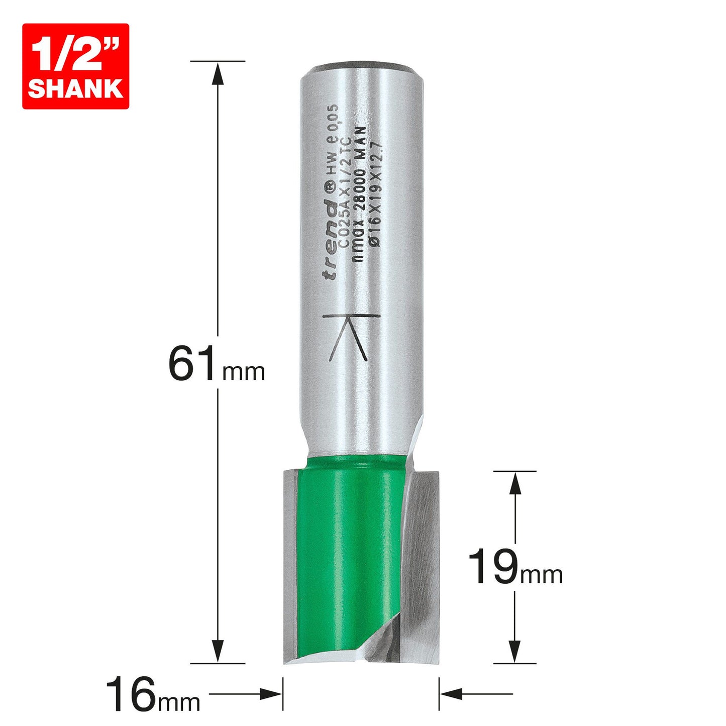 Trend Two Flute Straight Router Cutter 16mm Diameter C025AX1/2TC Size