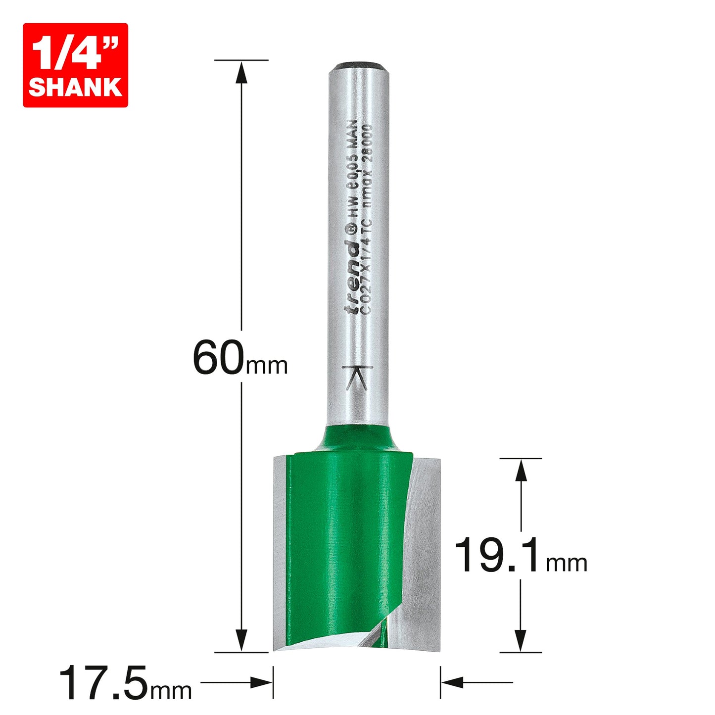Trend Two Flute Straight Router Cutter 17.5mm Diameter C027X1/4TC Size