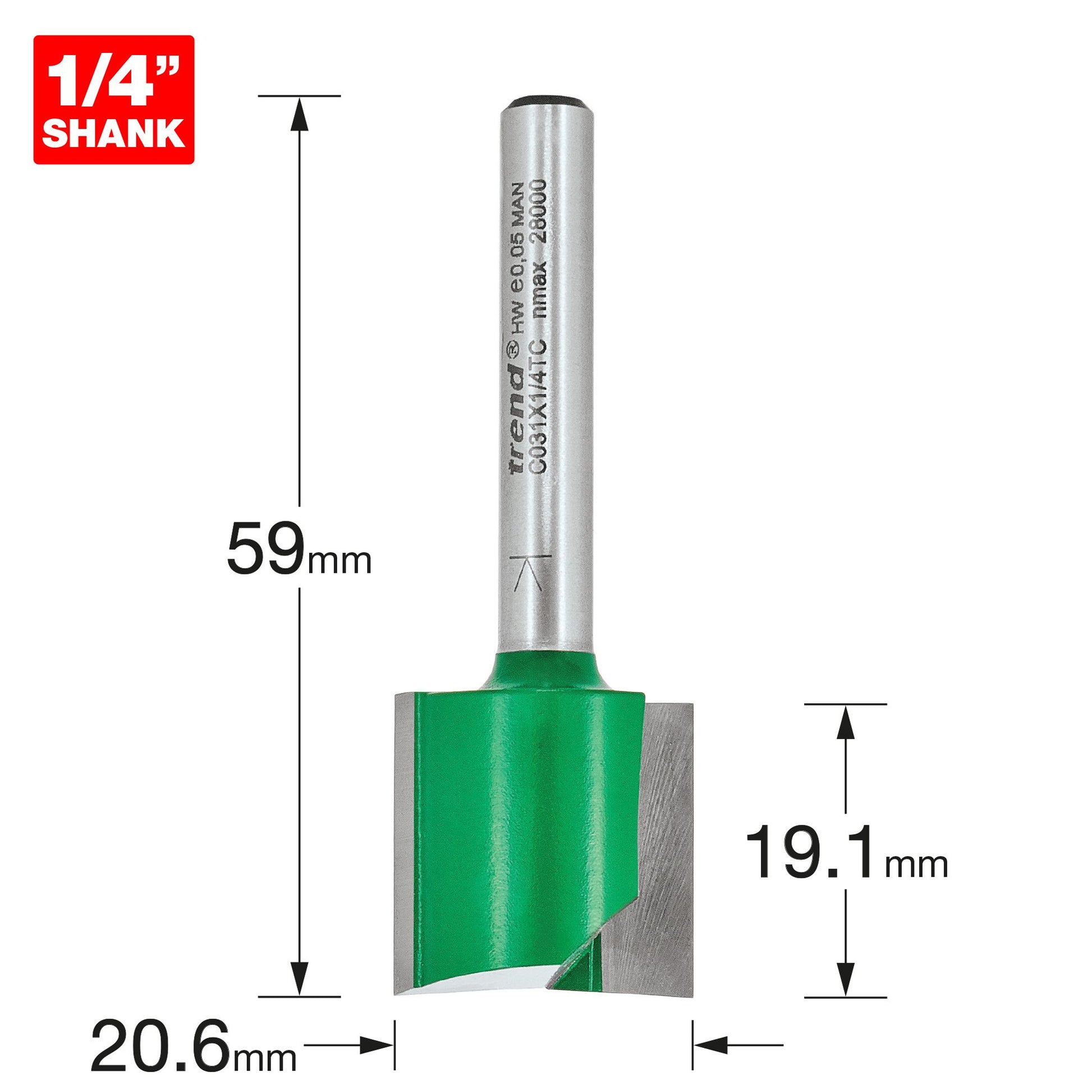 Trend Two Flute Straight Router Cutter 20.6mm Diameter C031X1/4TC Size